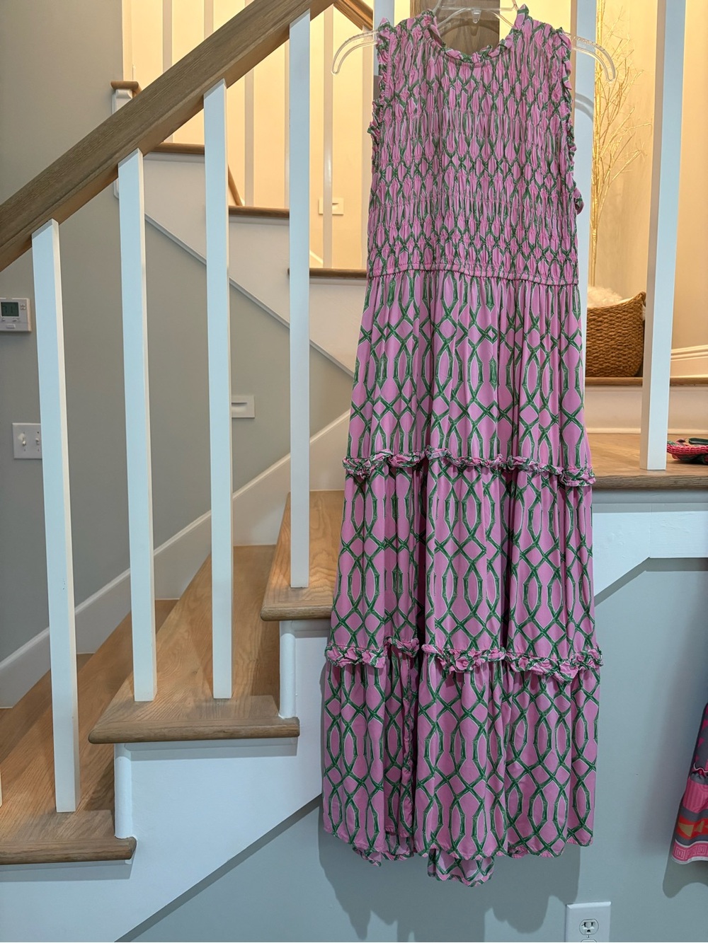 Sleeveless Pink and Green Geometric Tiered Maxi Dress